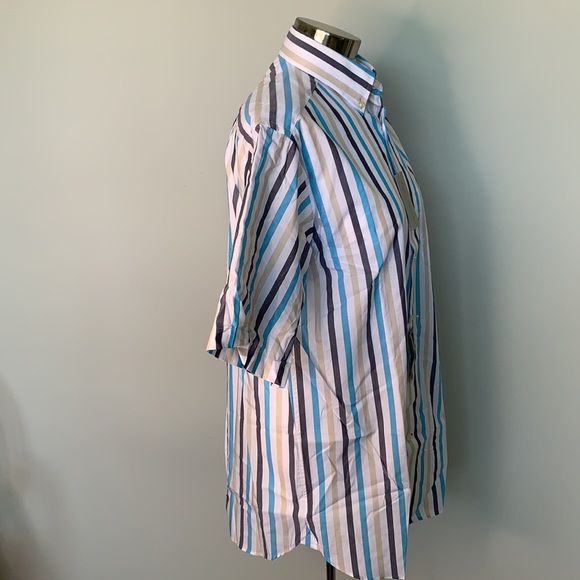 DANIEL CREMIEUX NWT MEN’S TAN BLUE WHITE STRIPED SHORT SLEEVE BUTTON FRONT S - Picture 5 of 6